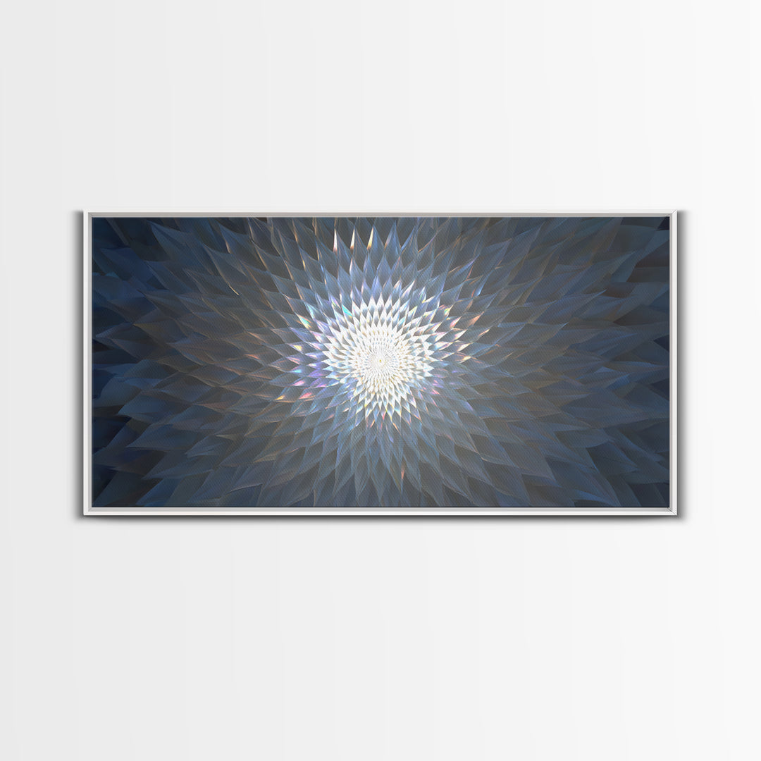 Blue Crystal Radial Mandala Framed Canvas Print, Modern Abstract Wall Art, Geometric Light Decor, Serene Home Office Decor