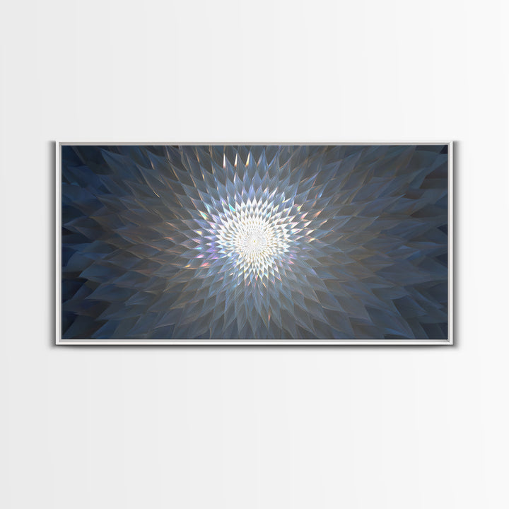 Blue Crystal Radial Mandala Framed Canvas Print, Modern Abstract Wall Art, Geometric Light Decor, Serene Home Office Decor