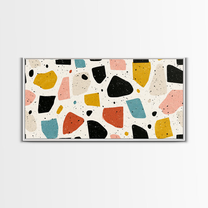 Minimal Cream Terrazzo Shapes Framed Canvas Print, Midcentury Modern, Geometric Wall Art, Abstract Print, Office Decor, Neutral Colors