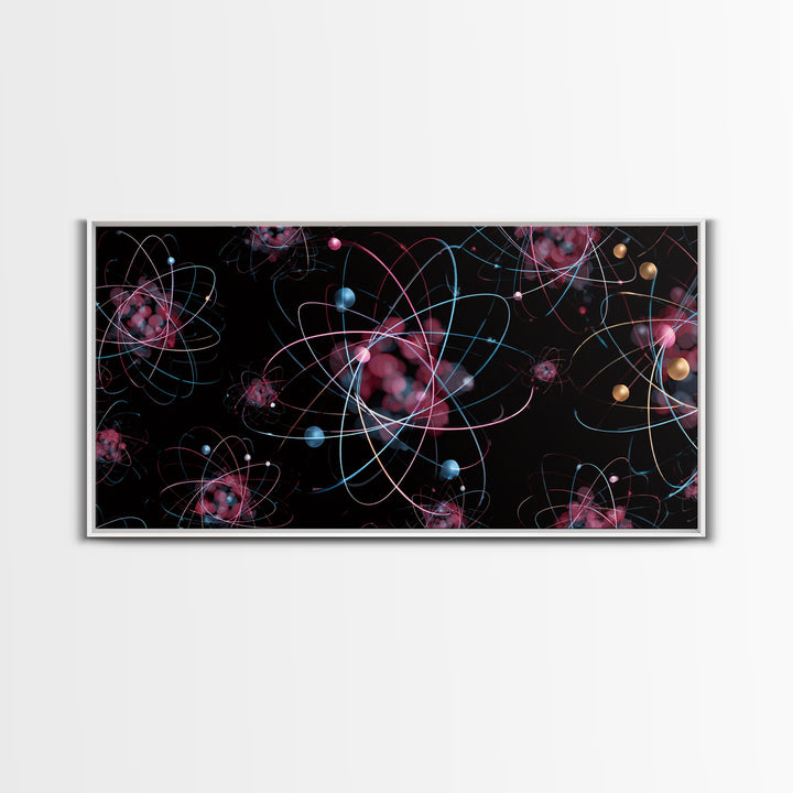 Glowing Pink Atomic Orbits On Black Wall Art, Midcentury Modern Abstract Print, Retro Space Decor, MCM Gallery Wall Home Decor