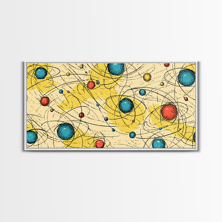 Yellow Blue Atomic Planets Wall Art, Midcentury Modern Abstract Print, Retro Space Poster, Geometric MCM Living Room Decor