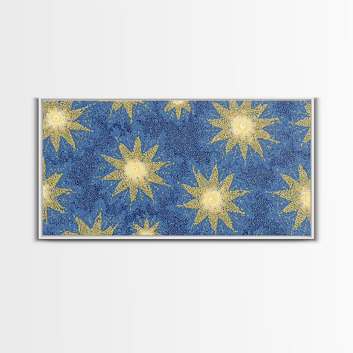 Blue Yellow Atomic Starbursts Canvas Print, Midcentury Modern Wall Art, Retro Space Decor, Bold MCM Gallery Wall Poster Print