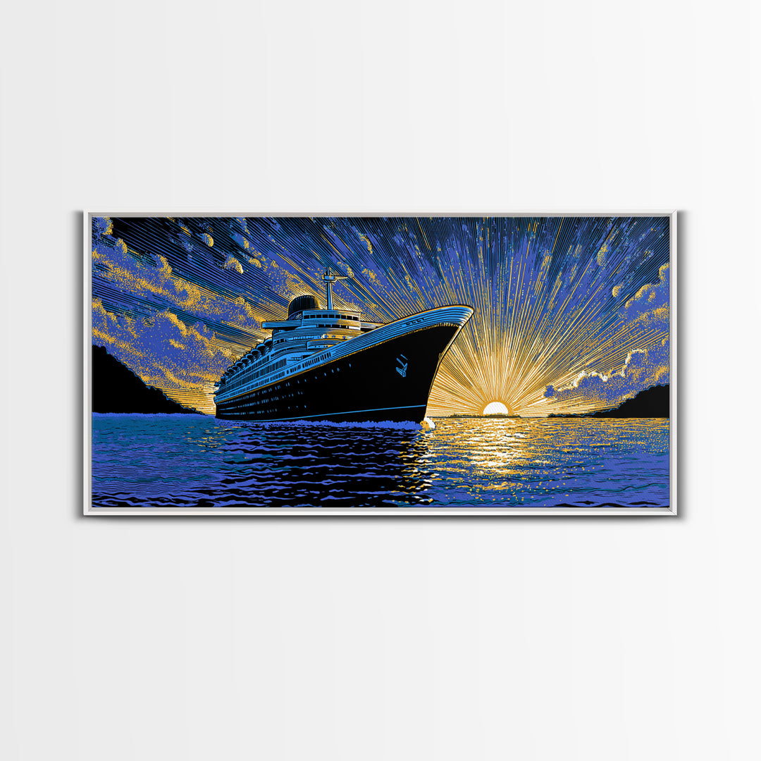 Dramatic Cruise Ship Sunset Canvas Print, Retro Travel Poster, Ocean Liner Wall Decor, Blue Gold Nautical Living Room Art