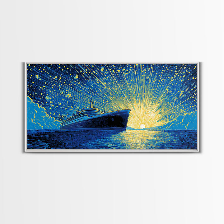 Blue Cruise Ship Sunrise Wall Art, Retro Ocean Liner Poster, Nautical Coastal Decor, Dramatic Sunset Print For Living Room