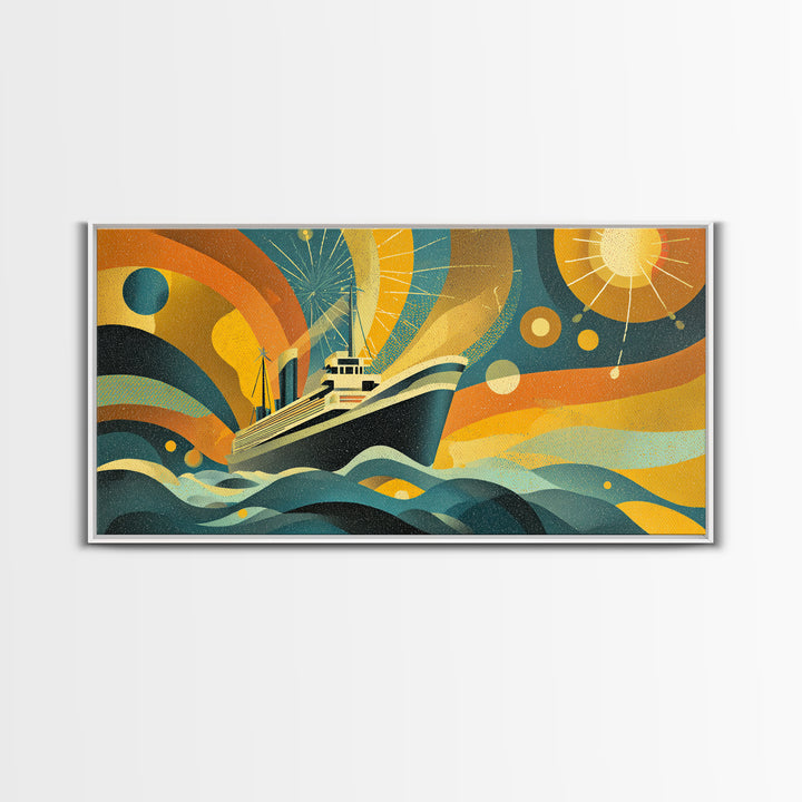 Midcentury Yacht At Sea Canvas Print, Abstract Sun Waves Wall Decor, Retro Modern Ocean Poster, Colorful Nautical Home Art