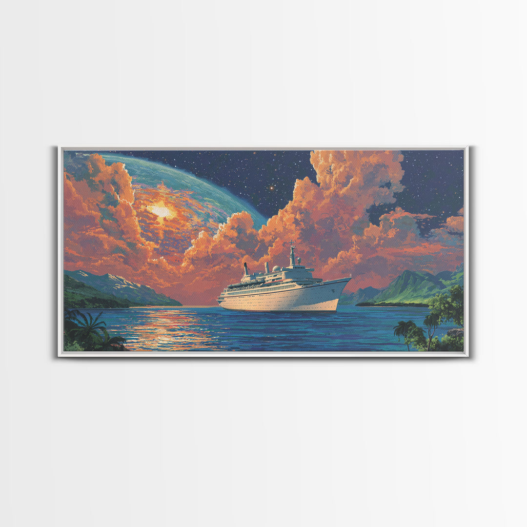 Tropical Cruise Ship Moonrise Wall Art, Dreamy Island Ocean Poster, Scenic Travel Print, Colorful Coastal Living Room Decor