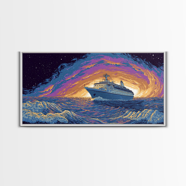 Starry Cruise Ship Vortex Canvas Print, Retro Futuristic Ocean Poster, Purple Orange Wave Wall Decor, Cosmic Nautical Art