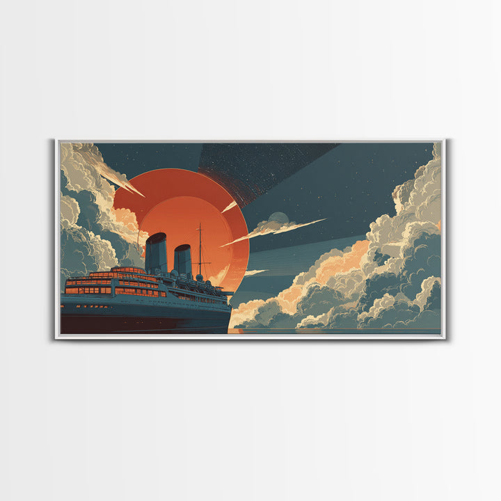 Ocean Liner Red Sun Wall Art, Retro Futuristic Steamship Poster, Art Deco Clouds, Nautical Travel Decor For Living Room Art