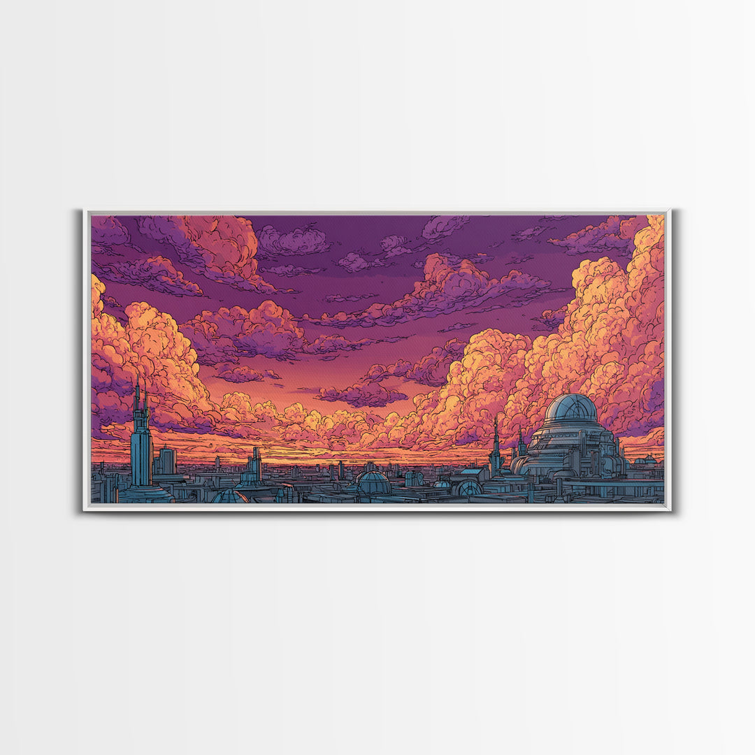Purple Sunset City Skyline Canvas Print, Retro Futuristic Architecture Poster, Cloudscape Wall Decor, Modern Urban Home Art