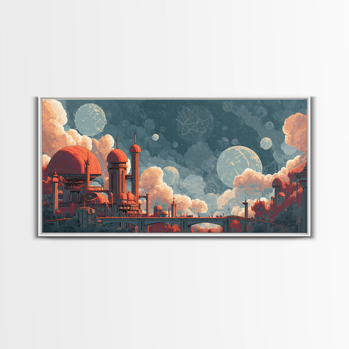 Coral Domed Retro Futurist Cloud City Canvas Print, Midcentury Modern Wall Art, Atomic Space Age Living Room Decor Poster Gift