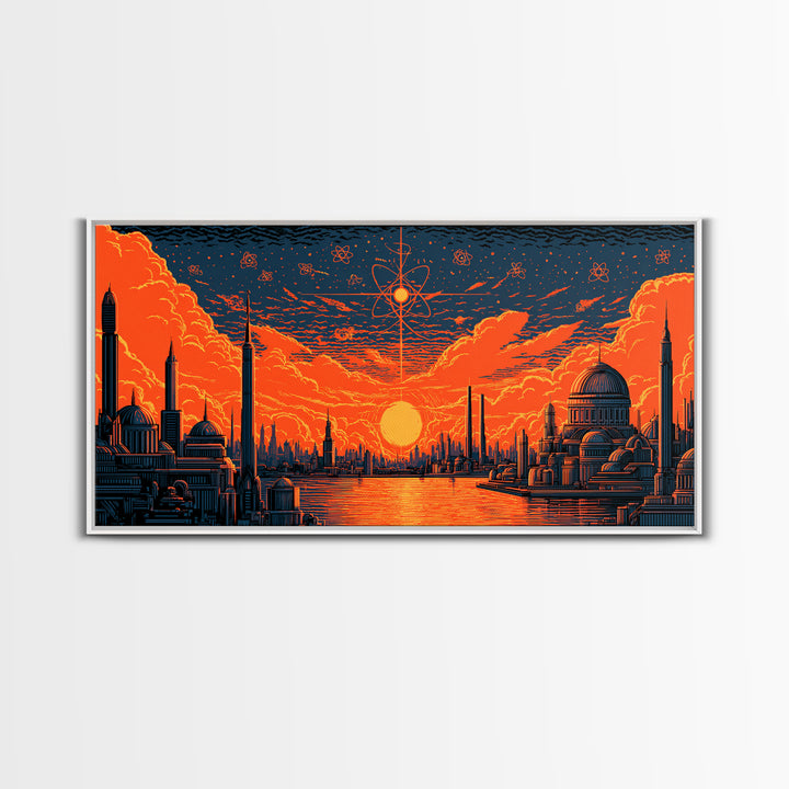Orange Atomic Sunset Futuristic River Skyline Wall Art, Midcentury Modern Poster, Retro Sci Fi Cityscape Home Office Decor