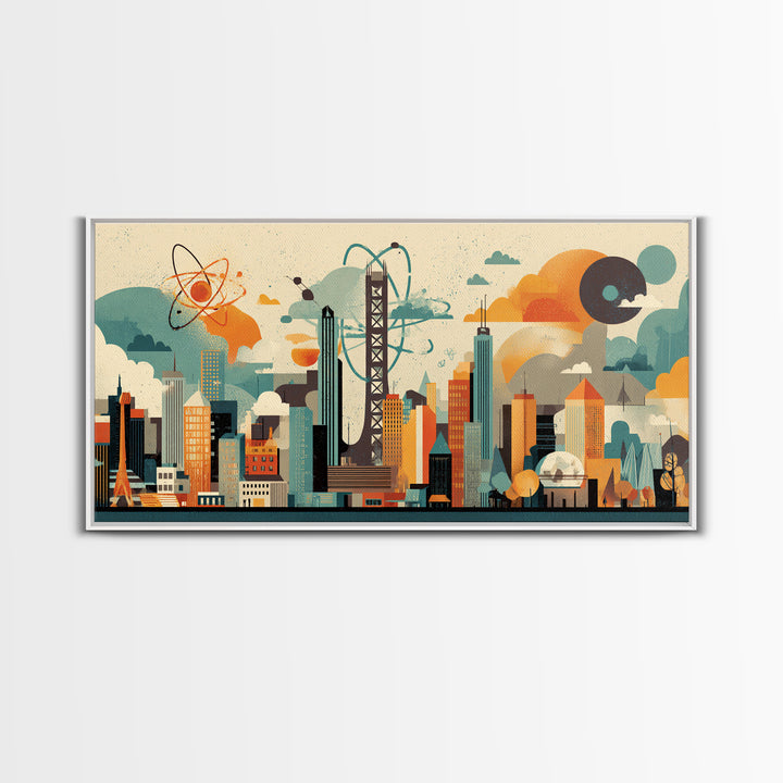 Collage Atomic Bridge City Skyline Canvas Print, Midcentury Modern Wall Art, Geometric Retro Poster, Colorful Office Decor