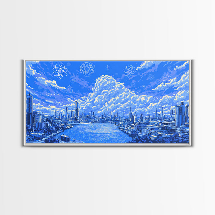 Blue Futuristic Harbor City With Atomic Clouds Wall Art, Modern Art Print, Midcentury Decor, Sci Fi Living Room Poster Gift