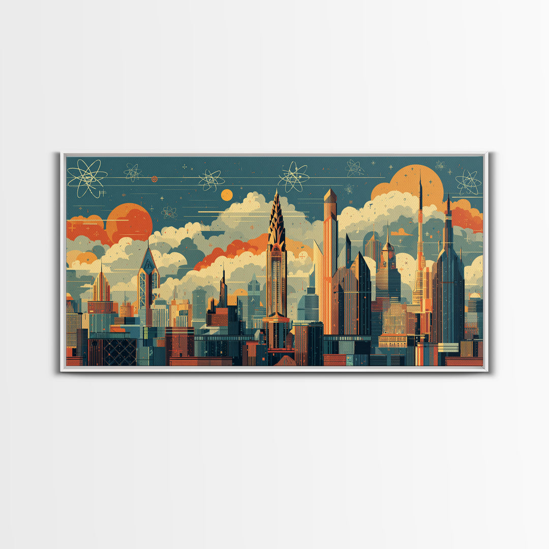 Retro Atomic Skyscraper City At Orange Sun Canvas Print, Midcentury Modern Wall Art, Space Age Skyline Office Decor Poster