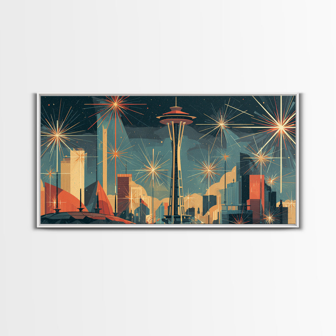Seattle Space Needle Starburst Skyline Wall Art, Midcentury Modern Art Print, Retro Atomic Cityscape Office Decor Poster