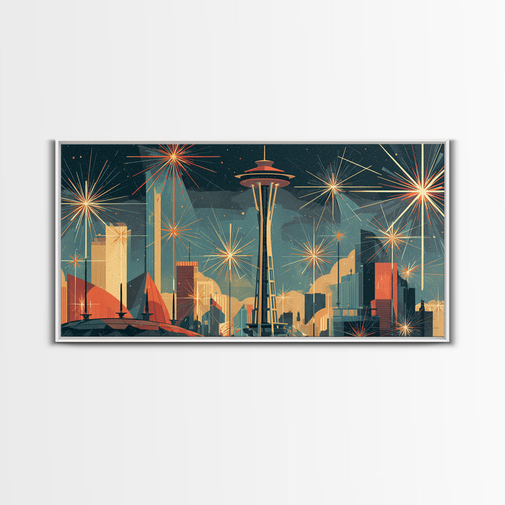 Seattle Space Needle Starburst Skyline Wall Art, Midcentury Modern Art Print, Retro Atomic Cityscape Office Decor Poster