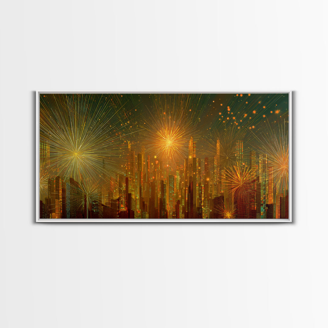 Golden Fireworks Futuristic City Skyline Framed Canvas Print, Modern Wall Art, Midcentury Retro Decor, Large Statement Poster