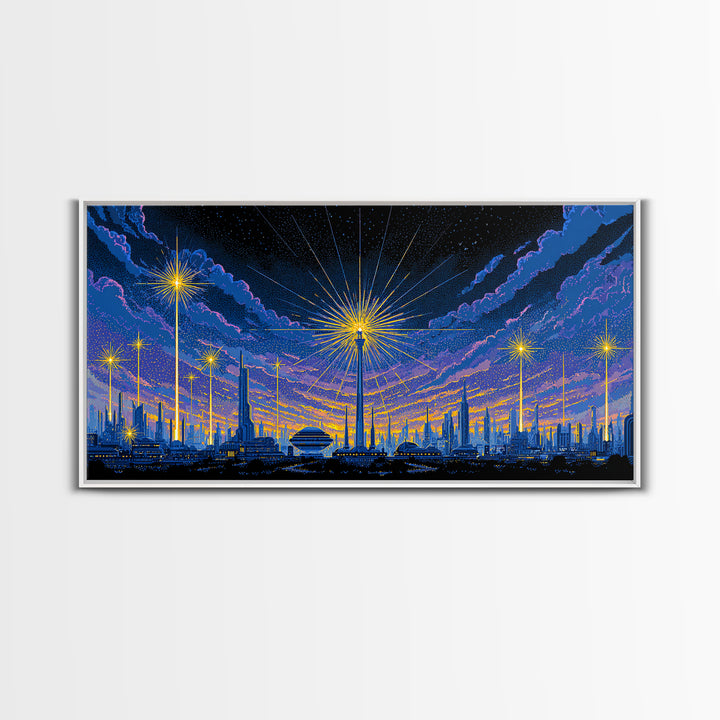 Blue Purple Night Skyline With Starburst Lights Canvas Print, Retro Sci Fi Wall Art, Midcentury Modern Cityscape Decor Poster