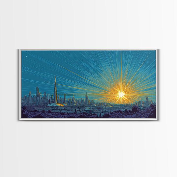 Futuristic Skyline Sunrise With Golden Rays, Mid Century Modern Wall Art, Retro Sci Fi Cityscape Print, Living Room Decor