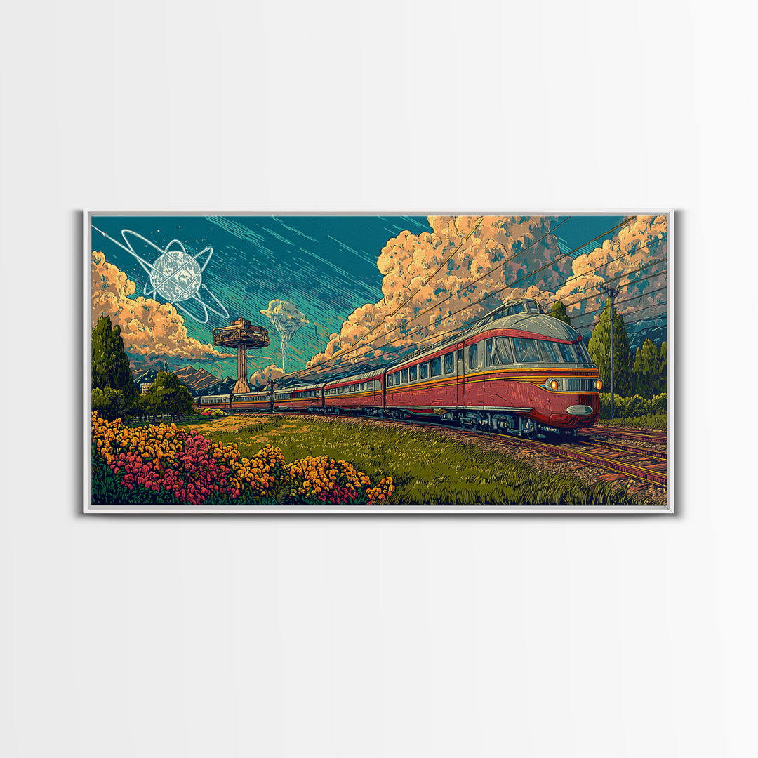 Red Passenger Train Through Flower Fields, Mid Century Modern Wall Art, Retro Travel Poster, Scenic Landscape Decor Print