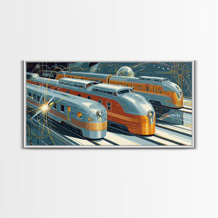 Silver Gold Futuristic Streamliner Trains, Mid Century Modern Wall Art, Atomic Railroad Poster, Retro Transportation Decor