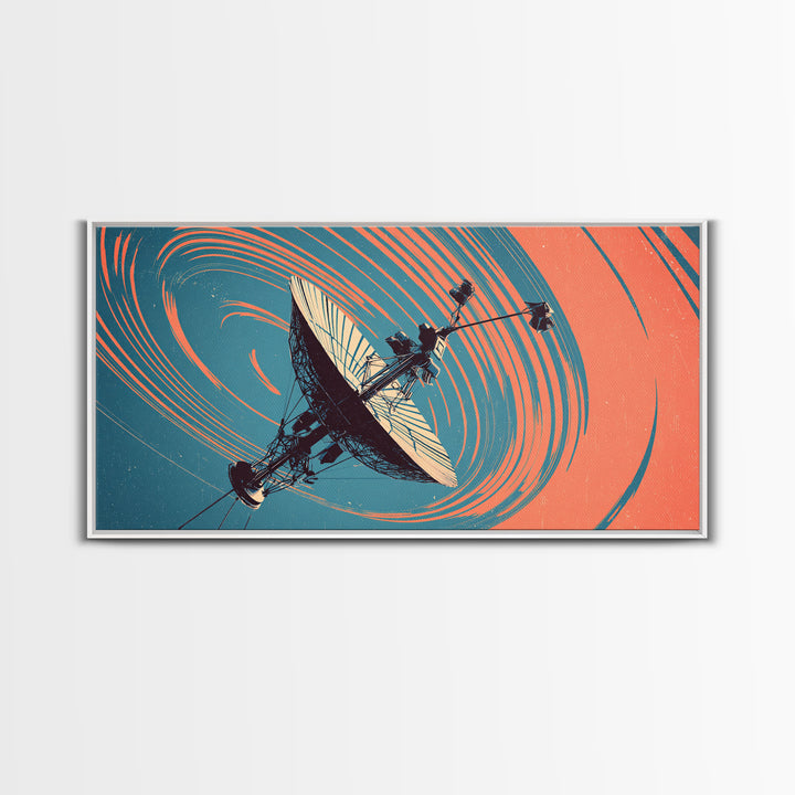 Teal Coral Satellite Dish In Orbit, Mid Century Modern Wall Art, Retro Sci Fi Space Poster, Geometric Abstract Decor Print
