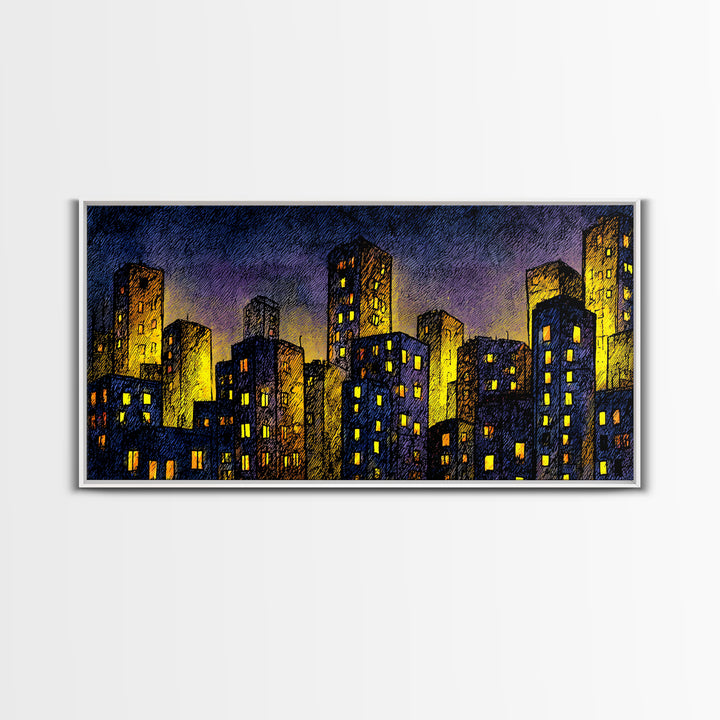 Golden Dusk City Skyline Wall Art, Blue Urban Nightscape, Modern Abstract Art Print, Office Decor, Living Room Wall Decor