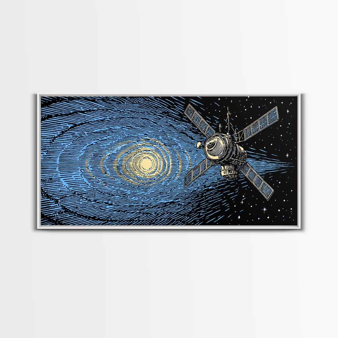 Blue Starfield Satellite With Solar Waves, Mid Century Modern Wall Art, Retro Sci Fi Space Poster, Cosmic Abstract Decor