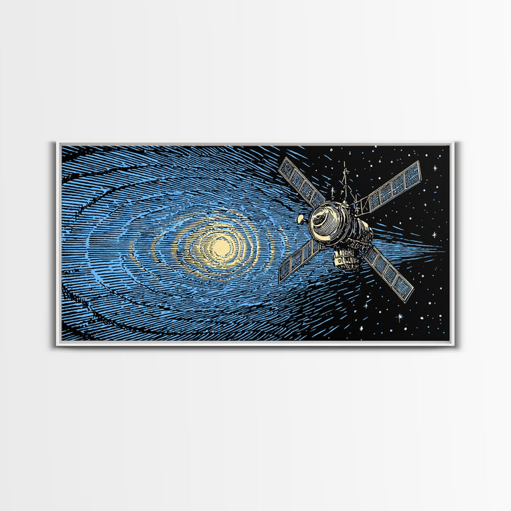Blue Starfield Satellite With Solar Waves, Mid Century Modern Wall Art, Retro Sci Fi Space Poster, Cosmic Abstract Decor