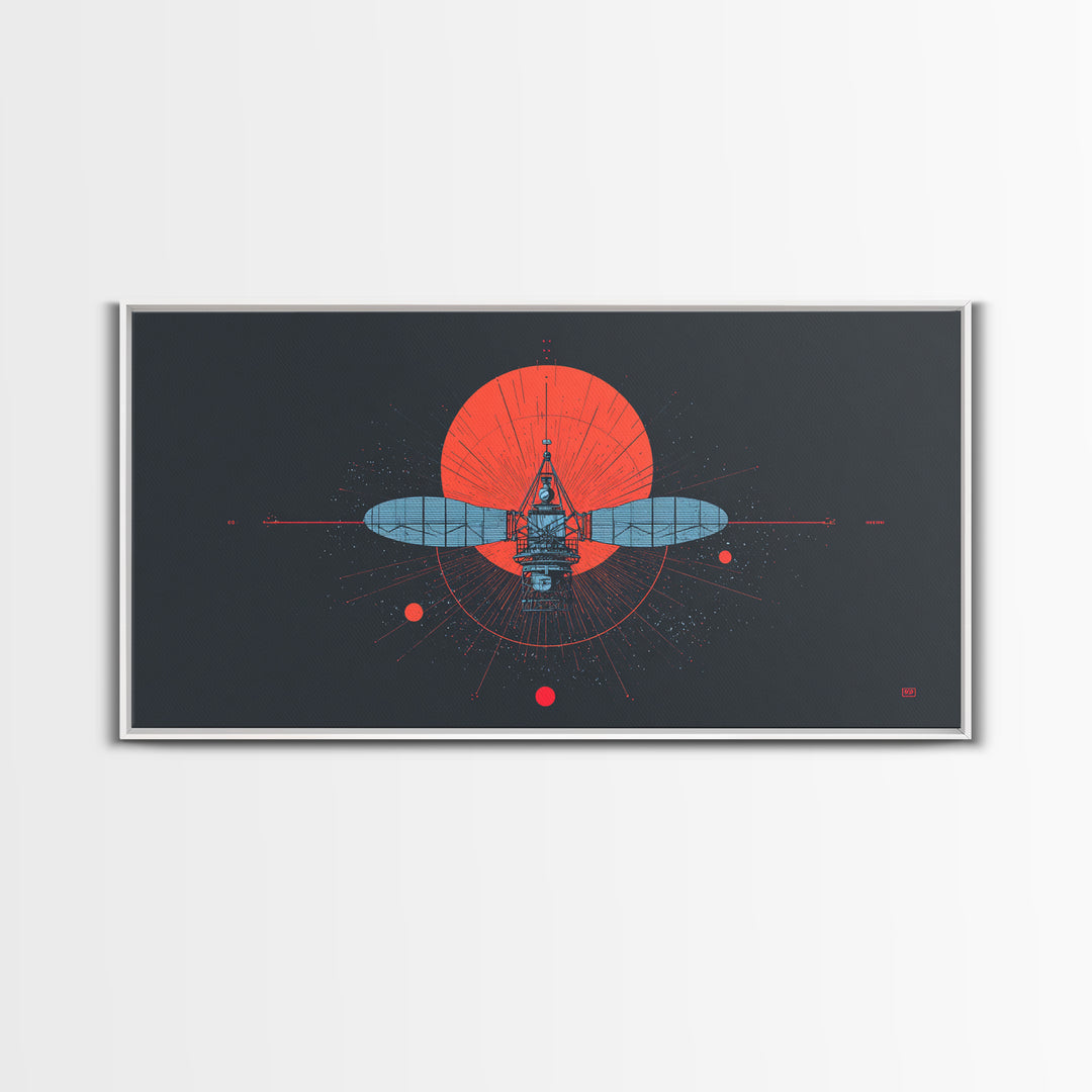 Blueprint Satellite In Crimson Sun Framed Canvas Print, Midcentury Modern Art, Retro Space Wall Decor, Modern Office Poster Gift