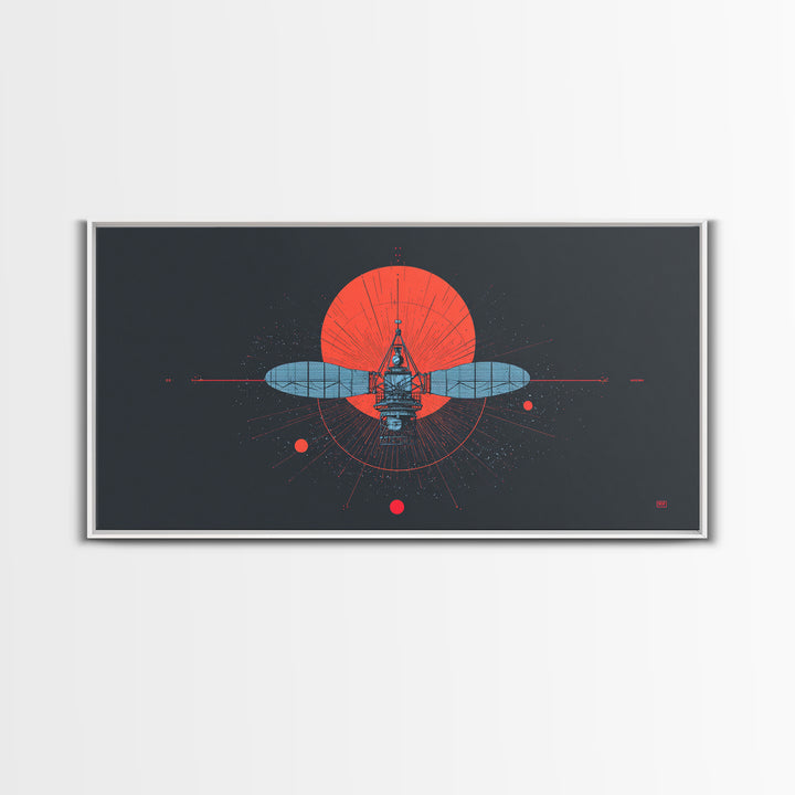 Blueprint Satellite In Crimson Sun Framed Canvas Print, Midcentury Modern Art, Retro Space Wall Decor, Modern Office Poster Gift