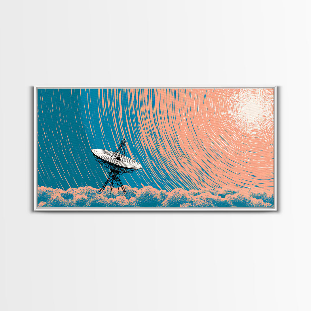 Radio Telescope Under Spiral Star Trails Canvas Print, Midcentury Modern Wall Art, Retro Astronomy Poster, Blue Office Decor