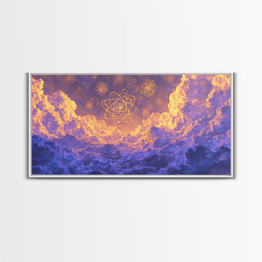 Glowing Atomic Symbols In Purple Clouds Wall Art, Modern Abstract Art Print, Celestial Sky Poster, Colorful Bedroom Decor