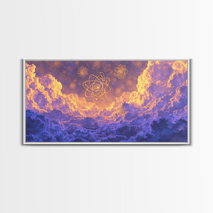 Glowing Atomic Symbols In Purple Clouds Wall Art, Modern Abstract Art Print, Celestial Sky Poster, Colorful Bedroom Decor