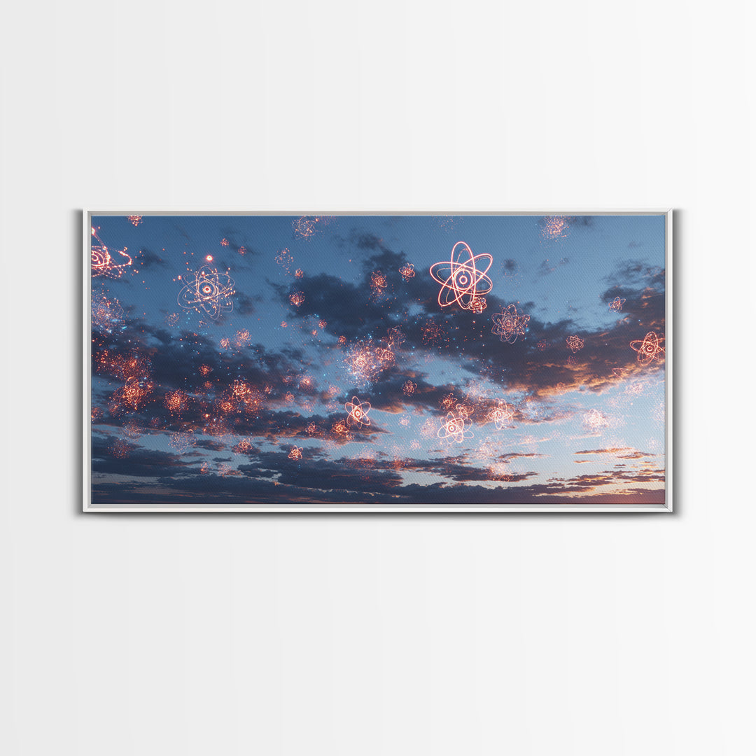 Sparkling Atomic Fireworks Over Dusk Clouds Wall Art, Modern Abstract Art Print, Cosmic Sky Poster, Blue Pink Bedroom Decor