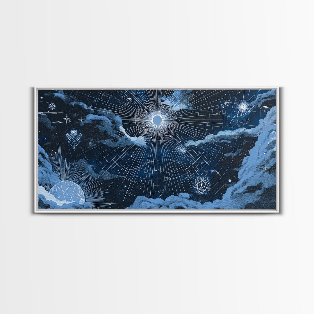 Blue Celestial Grid With Moonlit Clouds Canvas Print, Modern Wall Art, Sci Fi Space Poster, Navy Home Office Decor Gift Print