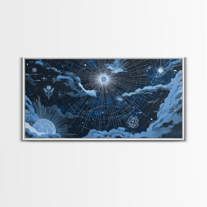 Blue Celestial Grid With Moonlit Clouds Canvas Print, Modern Wall Art, Sci Fi Space Poster, Navy Home Office Decor Gift Print