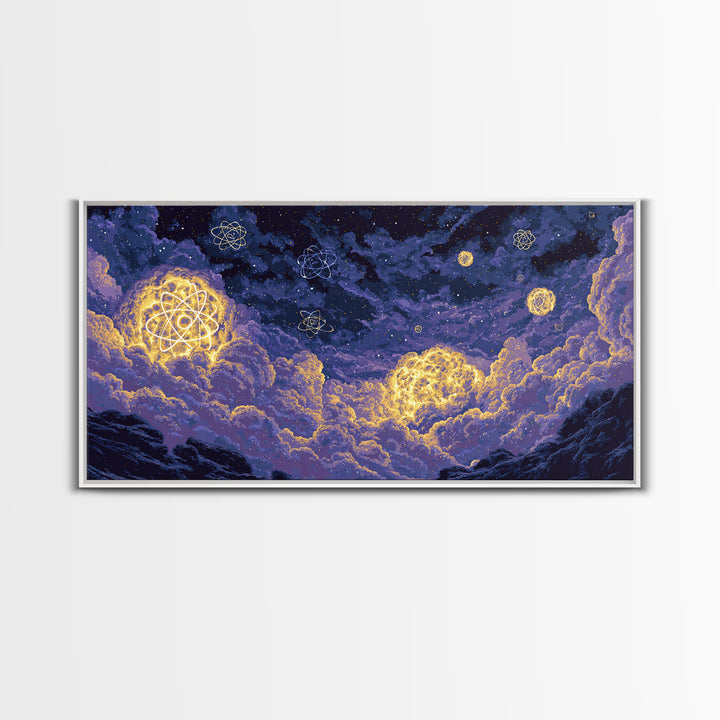 Glowing Atom Clouds In Pixel Night Sky Canvas Print, Modern Abstract Wall Art, Retro Space Poster, Purple Bedroom Decor Gift