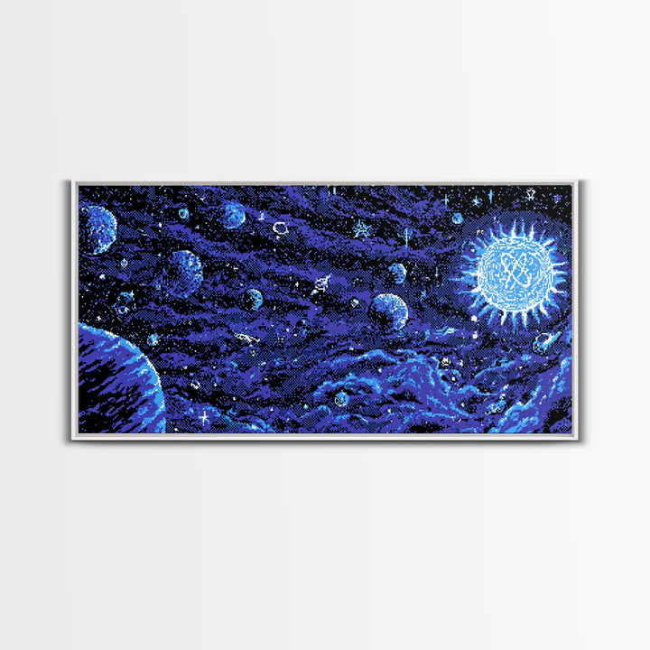 Pixel Space Landscape With Blue Planets Wall Art, Retro Sci Fi Poster, Modern Digital Art Print, Cosmic Game Room Decor Gift