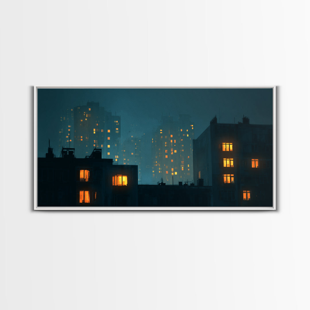 Foggy Teal Apartment Windows Canvas Print, Moody City Nightscape, Modern Wall Art, Urban Bedroom Decor, Home Office Art