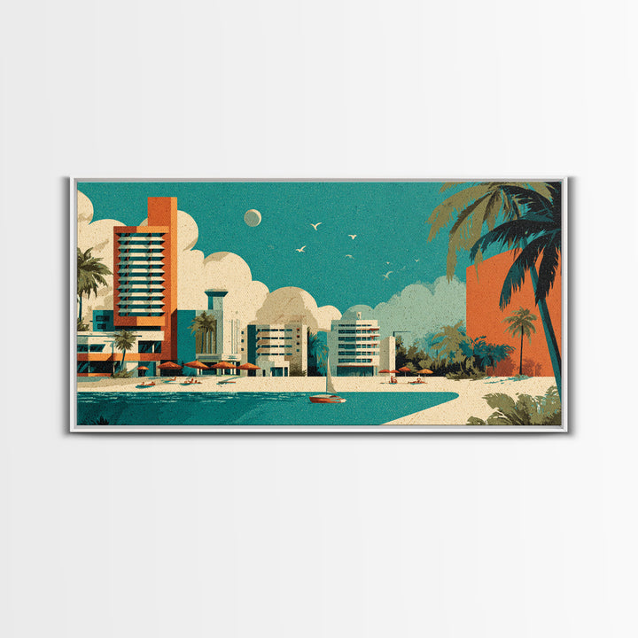 Retro Beachfront Resort With Palms Wall Art, Mid Century Modern Coastal Travel Poster, MCM Decor, Turquoise Lagoon Print