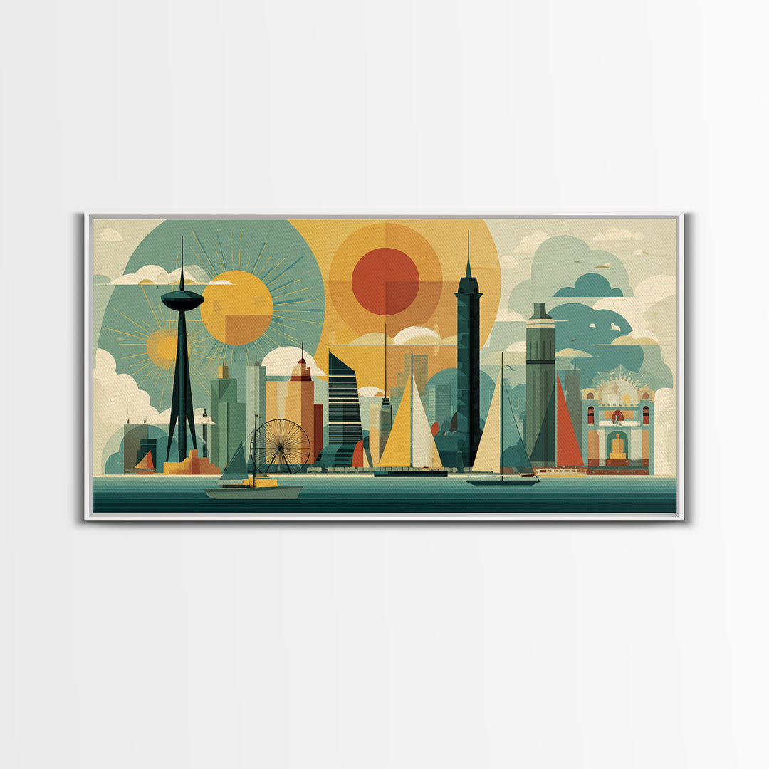 Geometric Seattle Skyline With Space Needle Canvas Print, Mid Century Modern Cityscape Wall Decor, Retro Travel Poster Art