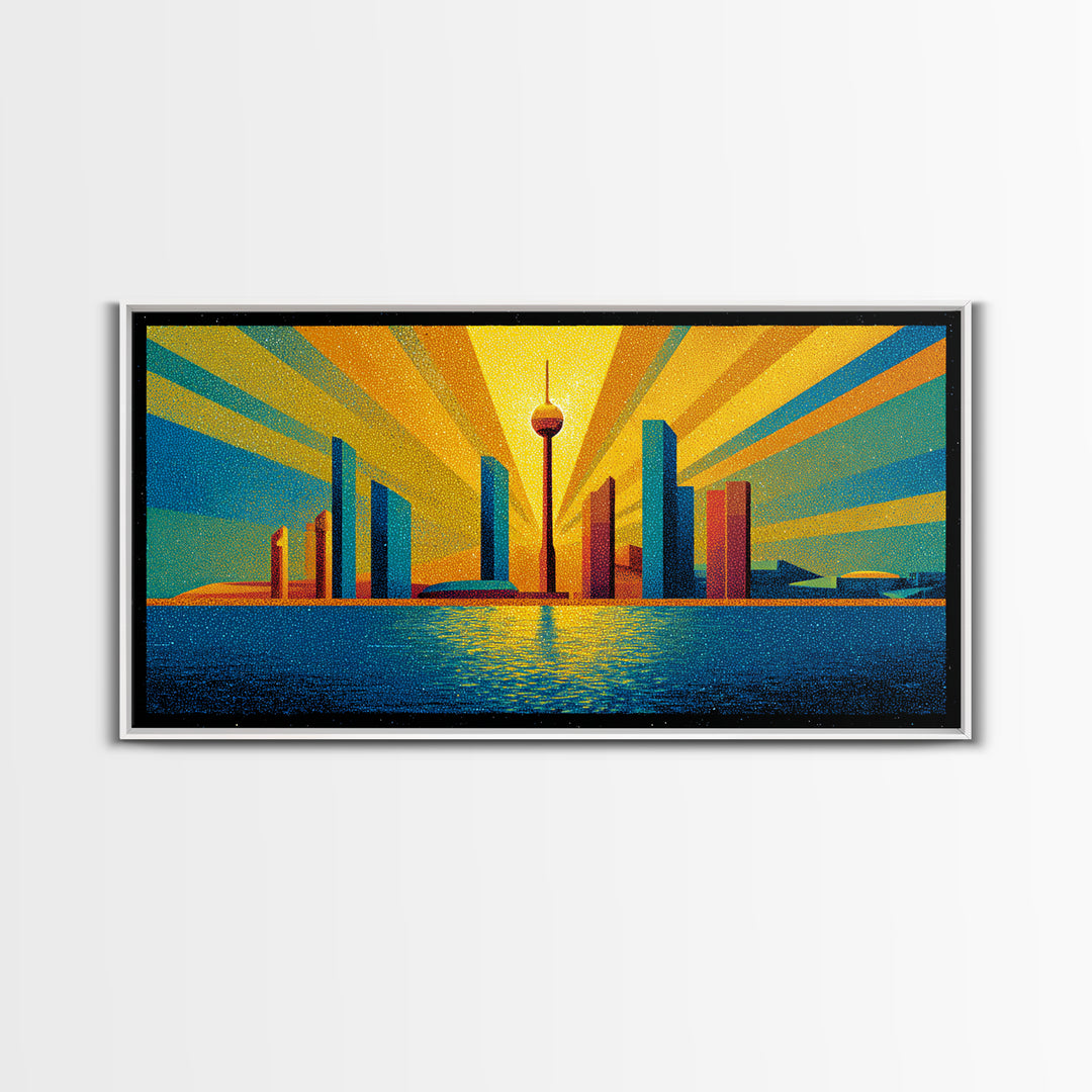 Bold Seattle Skyline Sunrise Wall Art, Mid Century Modern Abstract Cityscape, Space Needle Poster, Retro Geometric Decor