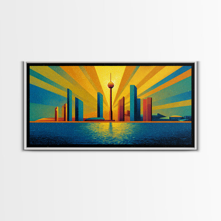 Bold Seattle Skyline Sunrise Wall Art, Mid Century Modern Abstract Cityscape, Space Needle Poster, Retro Geometric Decor