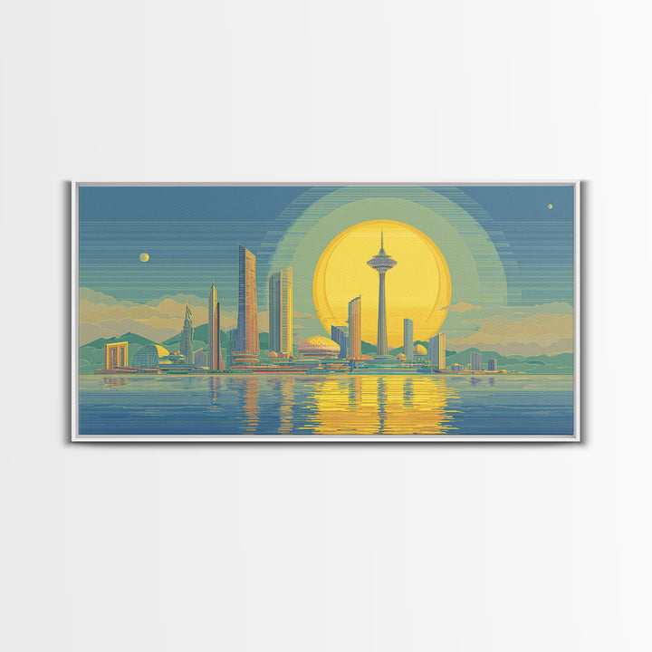 Golden Seattle Skyline At Sunset Framed Canvas Print, Mid Century Modern Wall Art, Futuristic Cityscape Poster, MCM Home Decor