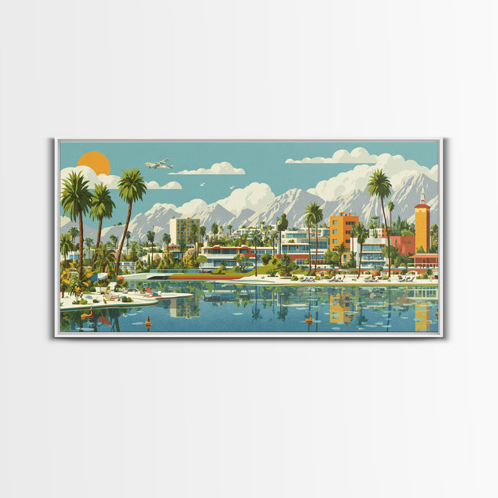 Palm Springs Lagoon With Palms And Mountains Wall Art, Mid Century Modern Desert Travel Poster, Colorful MCM Home Decor Print