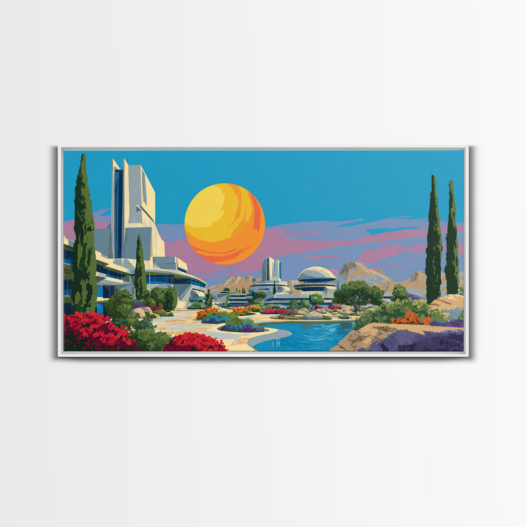 Futuristic Desert Resort With Pool And Giant Sun Wall Art, Mid Century Modern Landscape Poster, Retro Sci Fi Architecture Decor