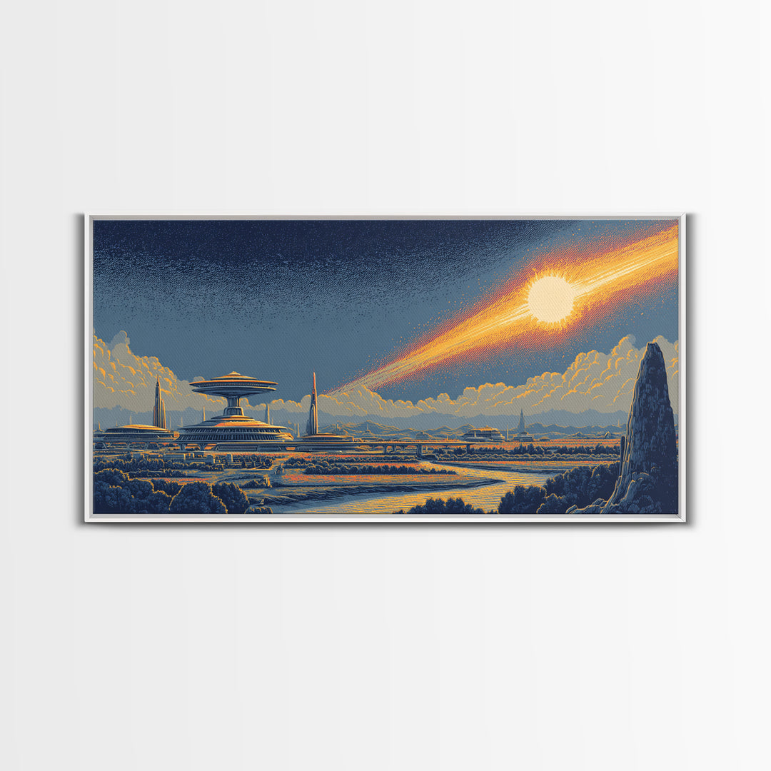 Retro Futuristic City With Meteor And Spaceport Canvas Print, Mid Century Modern Sci Fi Wall Art, Cosmic Skyline Poster Decor