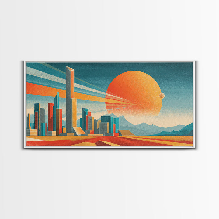 Teal Orange Futuristic Skyline Canvas Print, Midcentury Modern Cityscape, Retro Space Poster, Modern Wall Decor, Large MCM Art