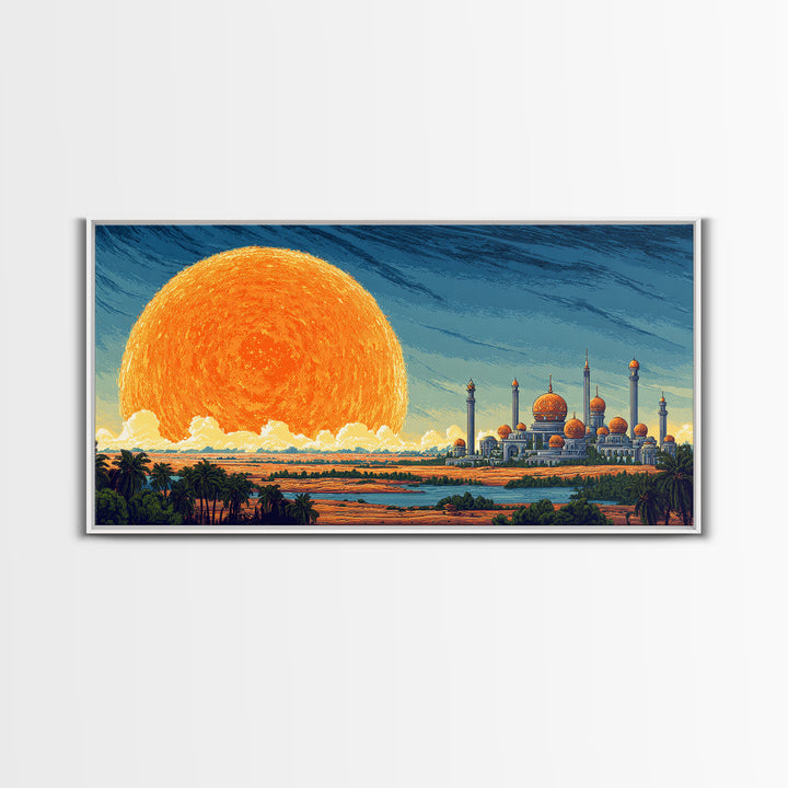 Giant Sun Desert Palace Wall Art, Midcentury Modern Landscape, Islamic Architecture Poster, Orange Blue Living Room Decor